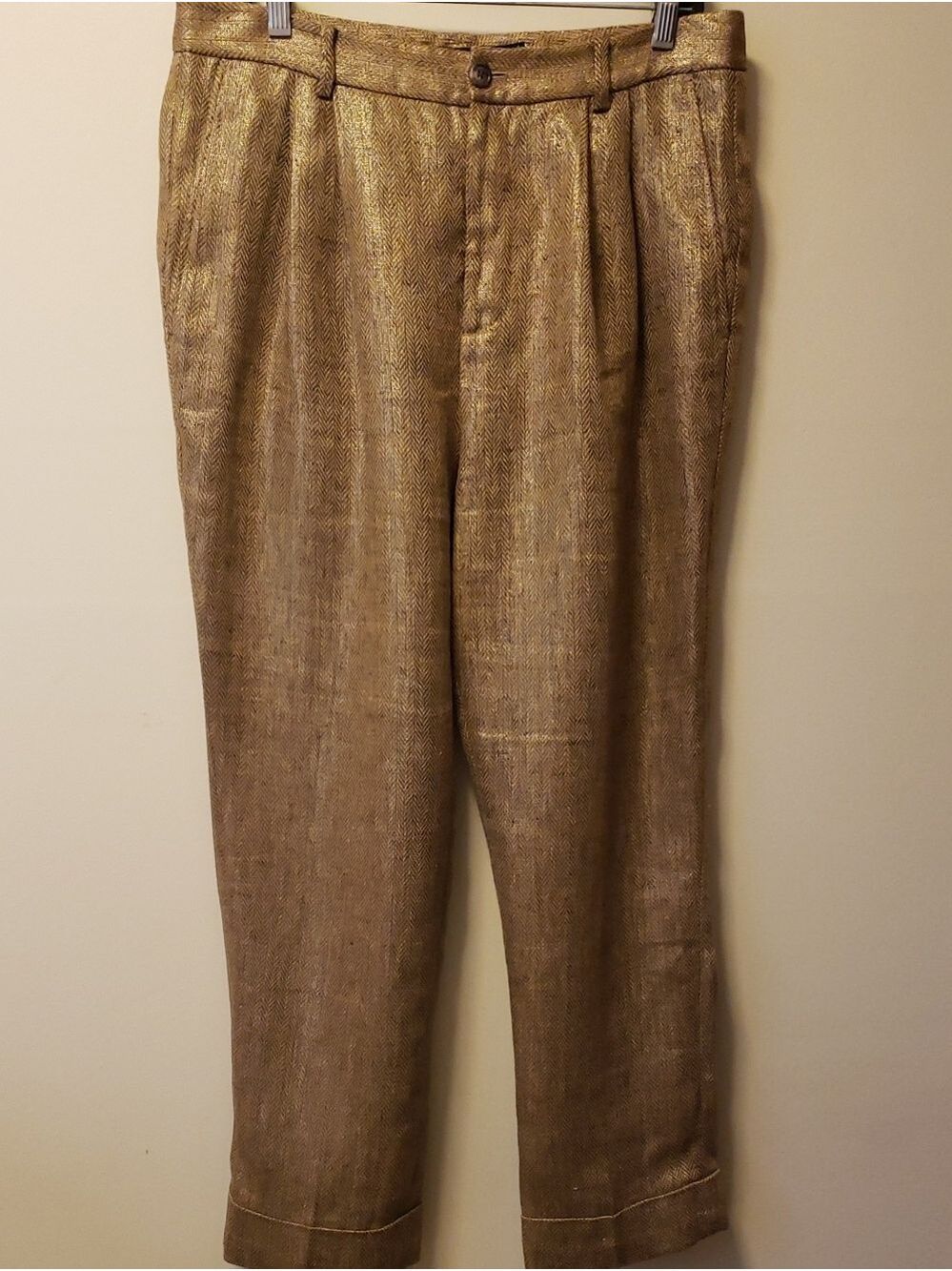 Ralph Lauren 100% Linen Gold & Brown Herringbone Pleated Trousers for Women
